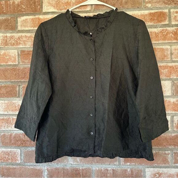 Eileen Fisher Black Button Up Crinkle Textured Style Blouse Silk Women’s XS - Picture 1 of 8